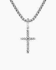 Classic Cable Cross Pendant in Sterling Silver with Center Diamond, 19.5mm