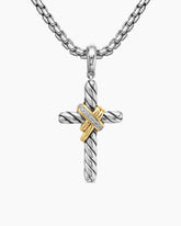X Cross Pendant in Sterling Silver with 18K Yellow Gold and Diamonds, 25.3mm