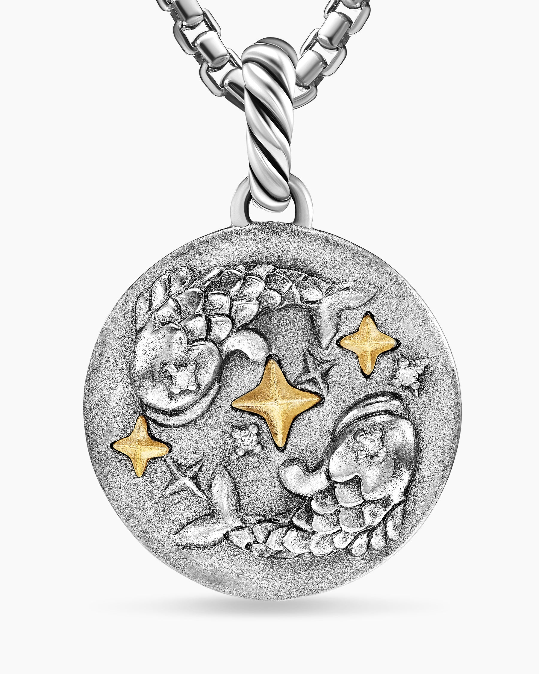 Pisces Amulet in Sterling Silver with 18K Yellow Gold and Diamonds, 19mm