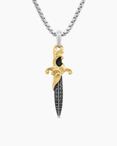 Waves Dagger Amulet in Sterling Silver with 18K Yellow Gold and Black Diamonds, 44mm