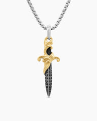 Waves Dagger Amulet in Sterling Silver with 18K Yellow Gold and Black Diamonds, 44mm