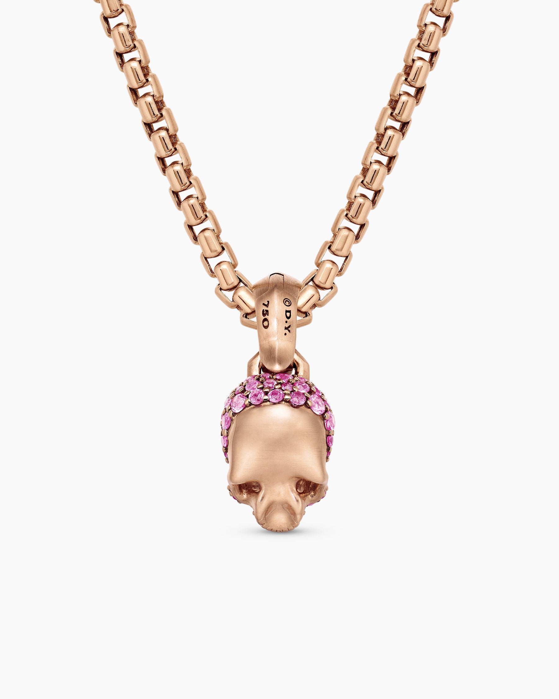 Skull Amulet with Full Pavé Pink Sapphires and 18K Rose Gold, 14mm