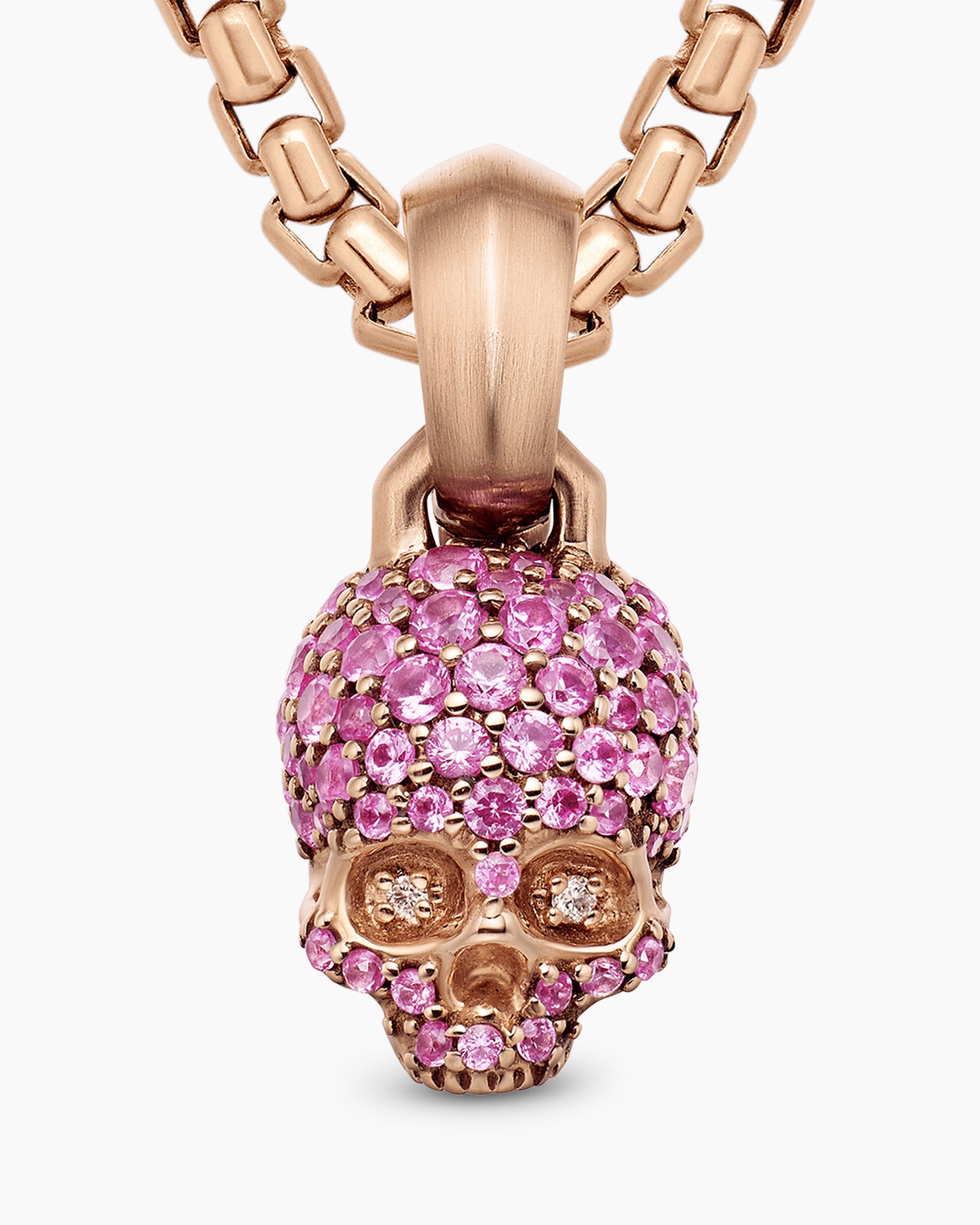 Skull Amulet with Full Pavé Pink Sapphires and 18K Rose Gold, 14mm