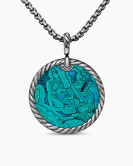 DY Elements® Disc Pendant in Blackened Silver with Chrysocolla and Grey Diamonds, 32mm