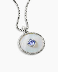 DY Elements® Two Stone Disc Pendant in 18K White Gold with Mother of Pearl, Tanzanite and Diamonds, 32mm