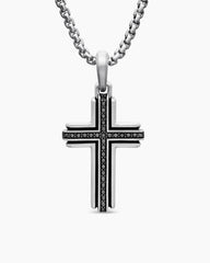 Cross Pendant in Sterling Silver with Black Diamonds, 34mm