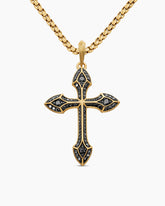 Gothic Cross Pendant in 18K Yellow Gold with Black Diamonds, 36.5mm