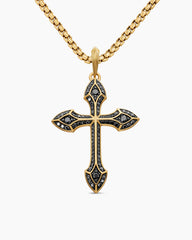Gothic Cross Pendant in 18K Yellow Gold with Black Diamonds, 36.5mm
