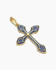 Gothic Cross Pendant in 18K Yellow Gold with Blue Sapphires, 36.5mm