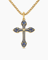 Gothic Cross Pendant in 18K Yellow Gold with Blue Sapphires, 36.5mm