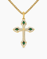 Gothic Cross Pendant in 18K Yellow Gold with Diamonds and Emeralds, 36.5mm