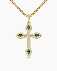 Gothic Cross Pendant in 18K Yellow Gold with Diamonds and Emeralds, 36.5mm