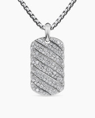 Sculpted Cable Tag in 18K White Gold with Diamonds, 35mm