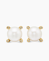 Pearl Stud Earrings in 18K Yellow Gold with Pearls and Diamonds, 14mm
