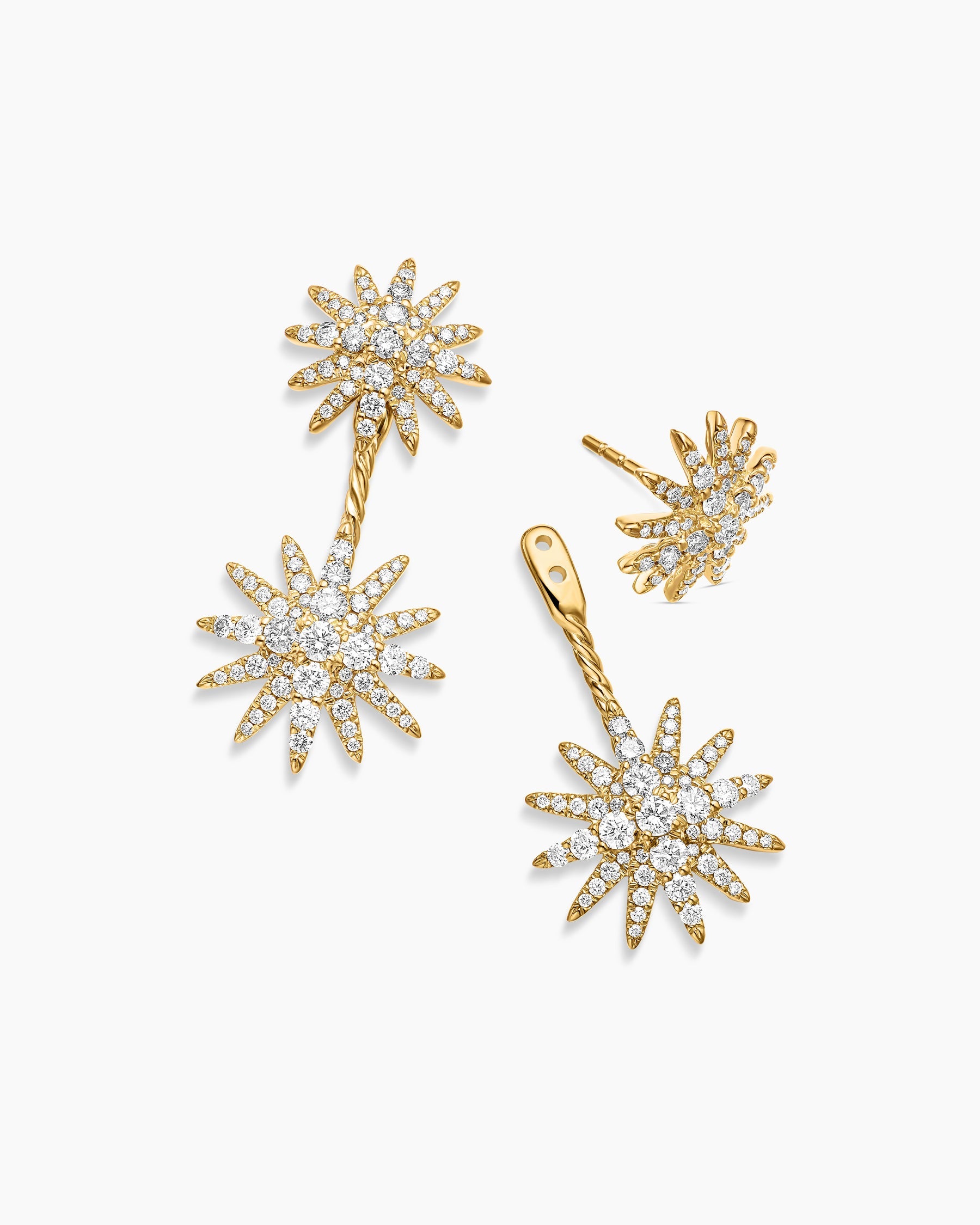 Starburst Double Drop Earrings in 18K Yellow Gold with Diamonds, 32.5mm