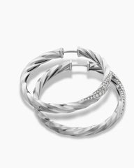 Cable Edge® Hoop Earrings in Sterling Silver with Diamonds, 1.5in