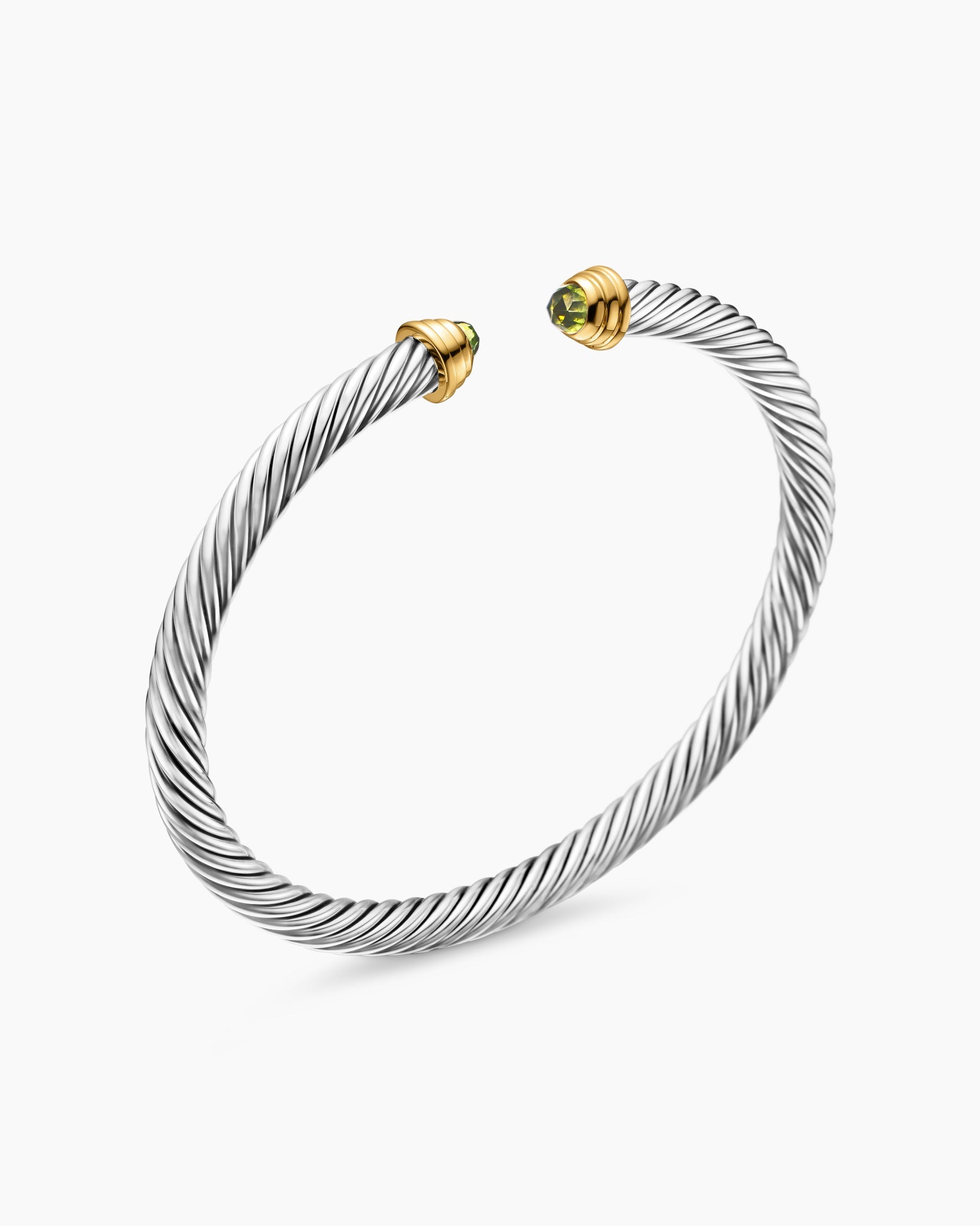 Cable Teen Bracelet in Sterling Silver with 14K Yellow Gold and Peridot, 4mm