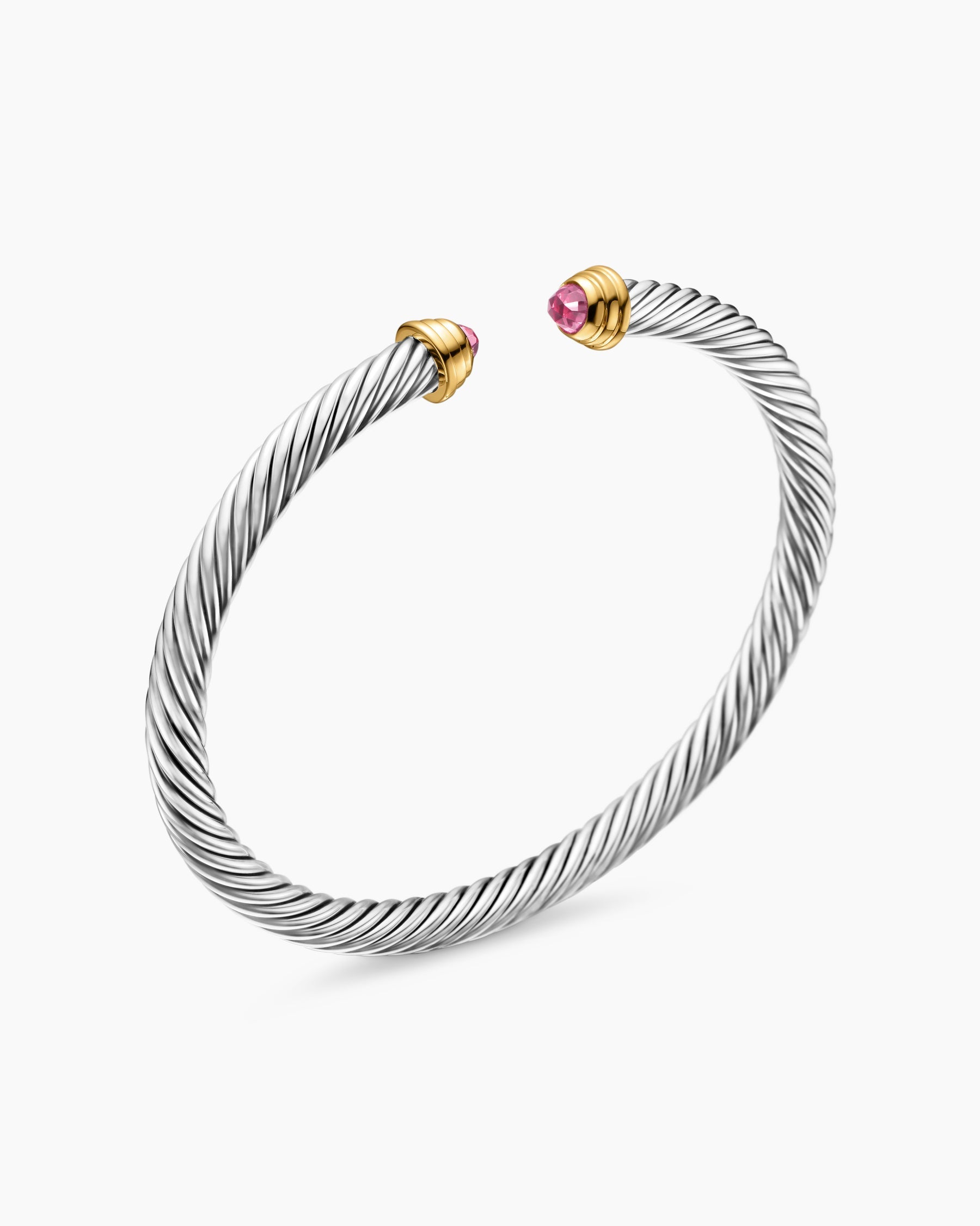 Cable Teen Bracelet in Sterling Silver with 14K Yellow Gold and Pink Tourmaline, 4mm