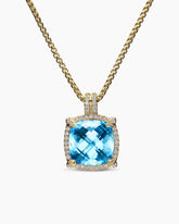 Chatelaine® Pavé Bezel Pendant Necklace in 18K Yellow Gold with Blue Topaz and Diamonds, 14mm