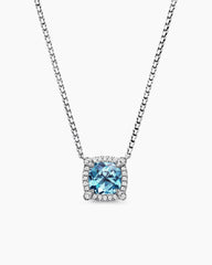 Petite Chatelaine® Pavé Bezel Pendant Necklace in Sterling Silver with Blue Topaz and Diamonds, 7mm