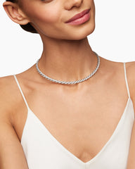 Sculpted Cable Flex Necklace in 18K White Gold with Diamonds, 5mm