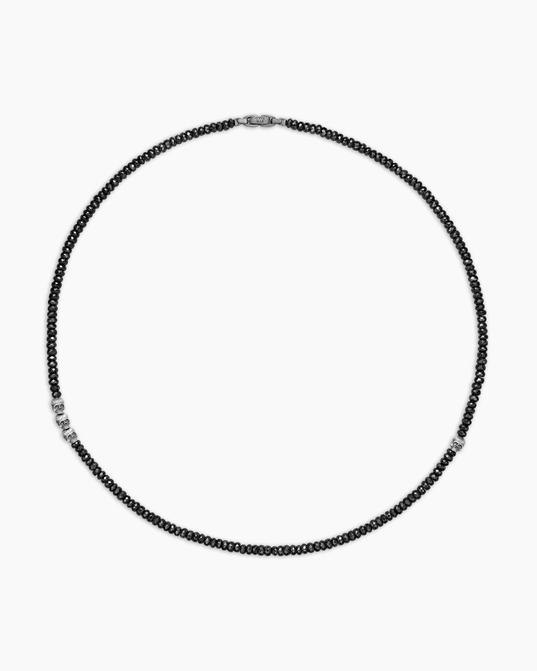 Memento Mori Skull Station Necklace in Sterling Silver with Black Spinel, 6mm
