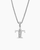 Pavé Initial Pendant Necklace in Sterling Silver with Diamond T