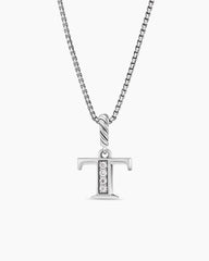 Pavé Initial Pendant Necklace in Sterling Silver with Diamond T