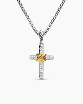 Petite Cross Necklace in Sterling Silver with 18K Yellow Gold with Diamonds, 20.8mm