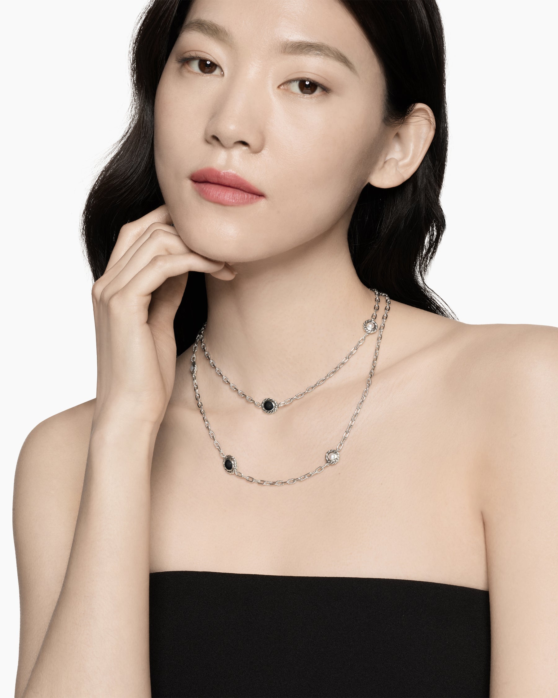 Pearl Classics Station Chain Necklace in Sterling Silver with Black Onyx, 4mm