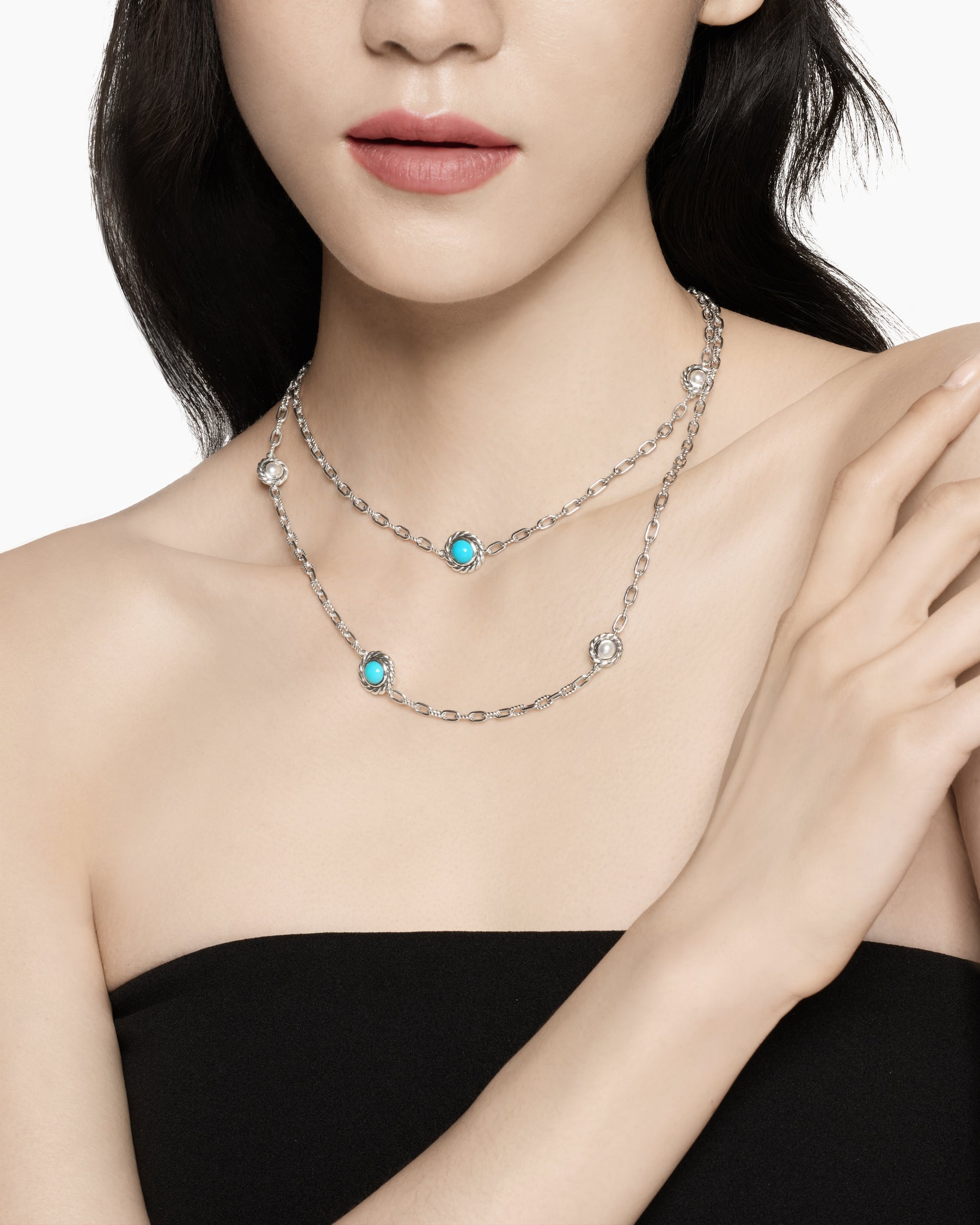 Pearl Classics Station Chain Necklace in Sterling Silver with Turquoise, 4mm