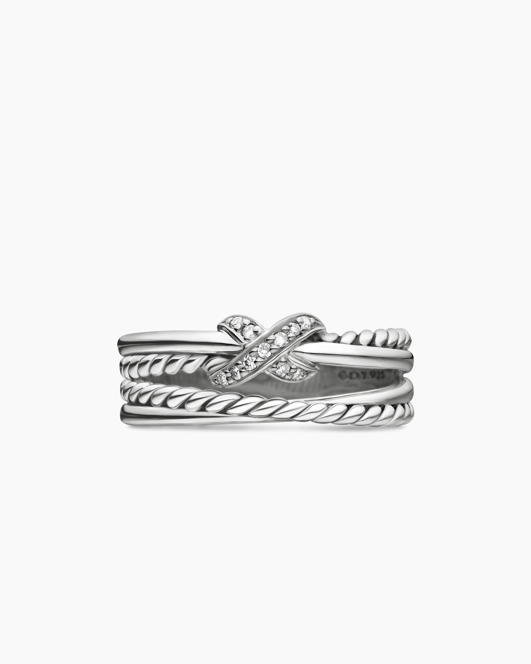 X Crossover Band Ring in Sterling Silver with Diamonds, 6mm