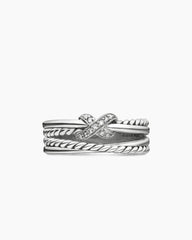 X Crossover Band Ring in Sterling Silver with Diamonds, 6mm