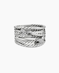 Double X Crossover Ring in Sterling Silver with Diamonds, 13mm