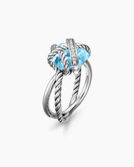Cable Wrap Ring in Sterling Silver with Blue Topaz and Pavé Diamonds, 11mm