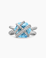 Cable Wrap Ring in Sterling Silver with Blue Topaz and Pavé Diamonds, 11mm