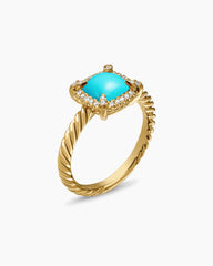 Petite Chatelaine® Pavé Bezel Ring in 18K Yellow Gold with Turquoise and Diamonds, 7mm