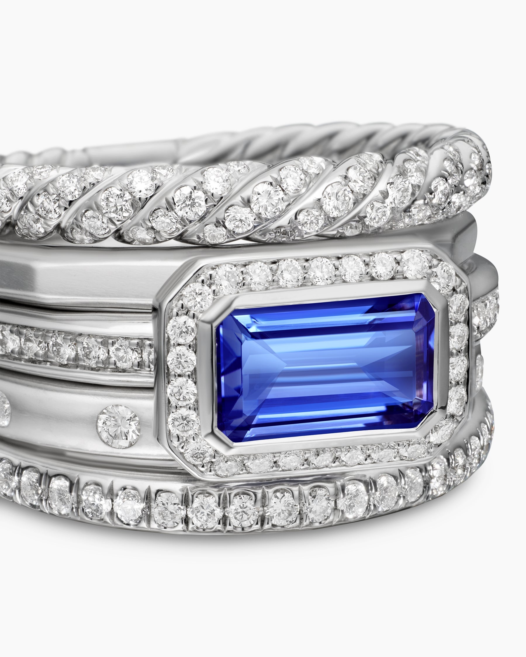 Stax Five Row Ring in 18K White Gold with Tanzanite and Diamonds, 22mm