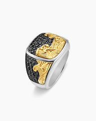 Waves Signet Ring in Sterling Silver with 18K Yellow Gold and Black Diamonds, 18.8mm