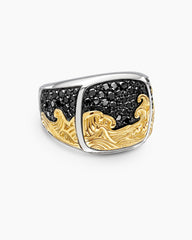 Waves Signet Ring in Sterling Silver with 18K Yellow Gold and Black Diamonds, 18.8mm