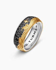 Waves Band Ring in Sterling Silver with 18K Yellow Gold and Black Diamonds, 8.7mm