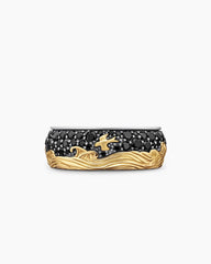 Waves Band Ring in Sterling Silver with 18K Yellow Gold and Black Diamonds, 8.7mm