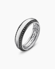 Beveled Band Ring in 18K White Gold with Black Diamonds, 6mm