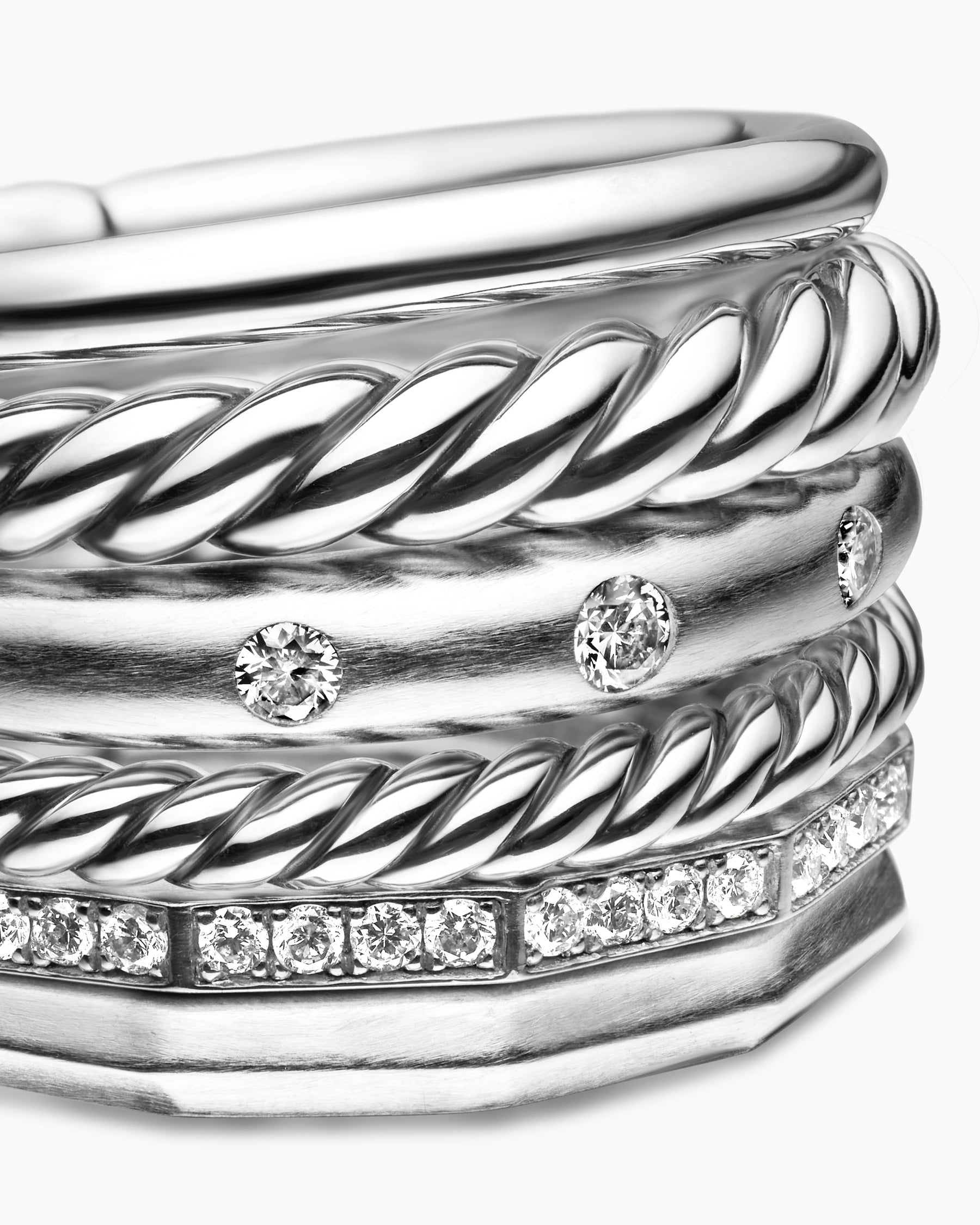 Stax Six Row Ring in Sterling Silver with Diamonds, 16mm