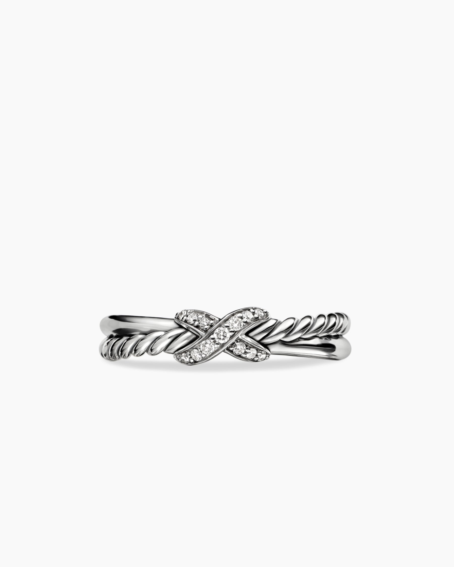 Petite X Ring in Sterling Silver with Diamonds, 4mm