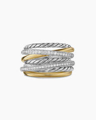 Crossover Seven Row Ring in Sterling Silver with 18K Yellow Gold and Diamonds, 16mm