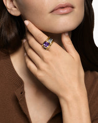 DY Mercer® Color Four Row Stone Ring in Sterling Silver with 18K Yellow Gold, Amethyst and Diamonds, 14mm
