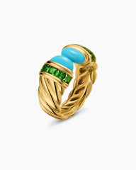 Sculpted Cable Open Cocktail Ring in 18K Yellow Gold with Turquoise and Tsavorites, 12.4mm