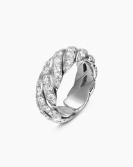 Sculpted Cable Flex Band Ring in 18K White Gold with Diamonds, 7.5mm