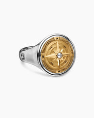 Maritime® Compass Signet Ring in Sterling Silver with 18K Yellow Gold and Center Diamond, 19.4mm